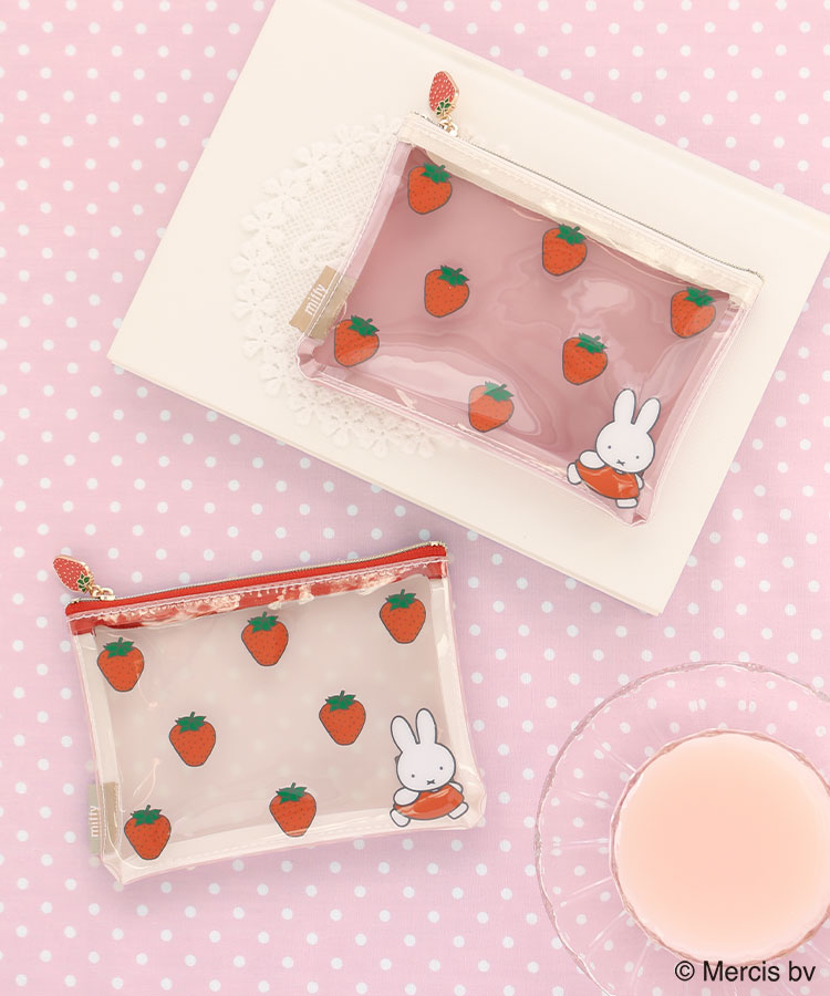 イチゴミッフィークリアミニフラットポーチ ブルーナ ミッフィー うさぎ ウサギ rabbit 動物 キャラクター いちご イチゴ ポーチ 小物入れ  ピンク ホワイト オリジナル プレゼント ギフト プチギフト ブルーエ ブルーブルーエ bleubleuet 通販